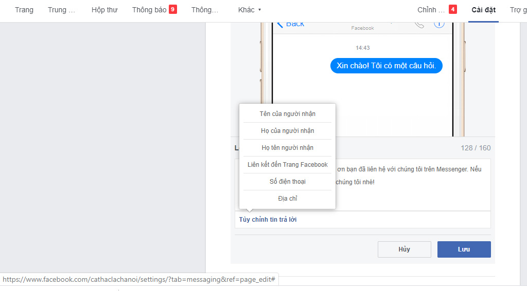 Hiển thị giao diện để bạn thay đổi lại tin nhắn khi có khách hàng lần đầu tiên chat với Fanpage