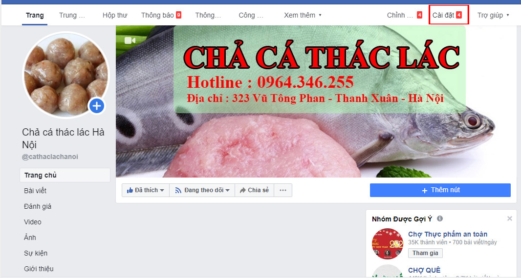 Chúng ta truy cập vào Fanpage đang quản lý rồi nhấn vào mục Cài đặt ở giao diện bên trên.