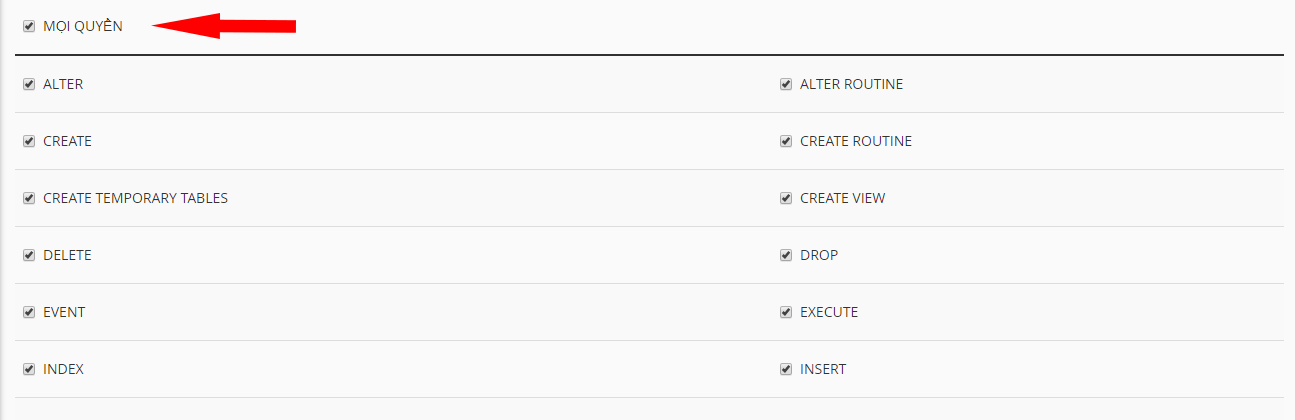 Tích chọn tất cả các quyền cho user Tích chọn tất cả các quyền cho user