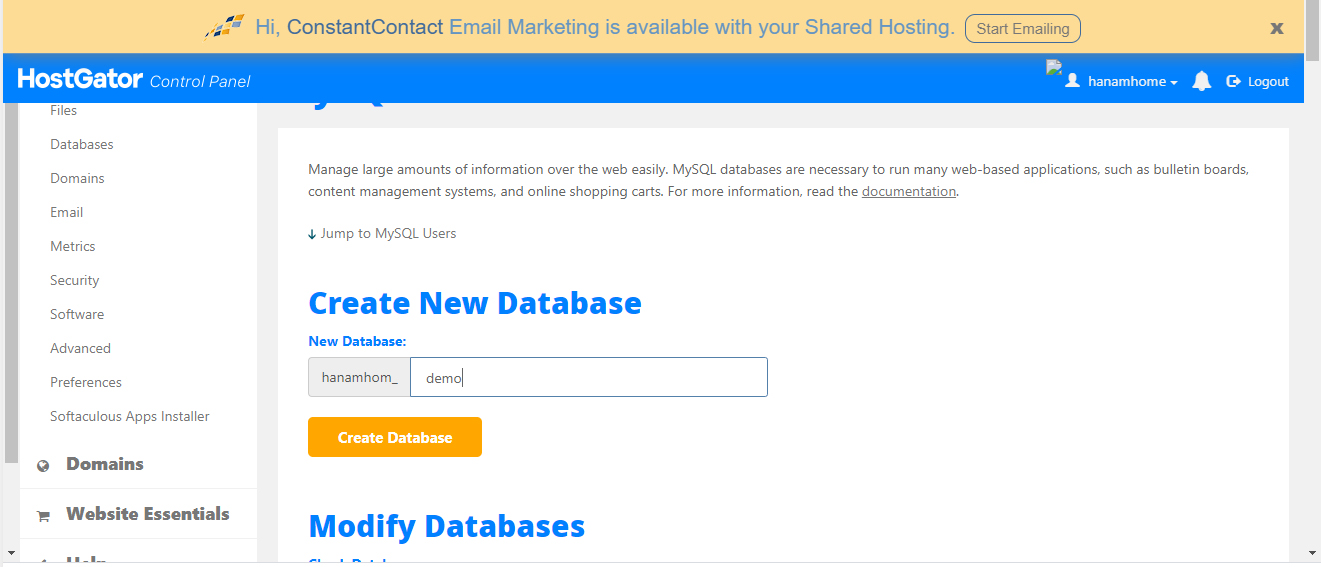 Tạo Cơ sở dữ liệu mới trên hosting Tạo Cơ sở dữ liệu mới trên hosting