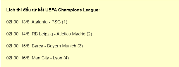 lịch thi đấu tứ kế C1 2020